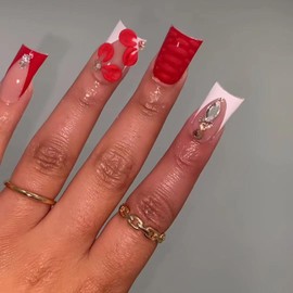 FIEONCIY Press on Nails Duck Shaped Glossy Full Cover Acrylic Duck False Nails with Designs Artificial Medium Duck Shaped Fake Nails with Charms Glue ons Fingernails for Women Girls(XXS178)