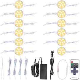 Meigour Curio Under Counter Lighting Hardwired, Linkable and Wireless Remote Control Dimmable Round LED Puck Lights Kit, 120V Wired Over Cabinet Kitchen Lighting Fixture, 12 Lights, Warm White