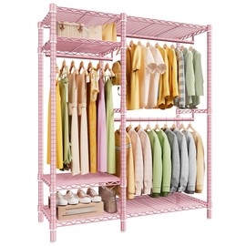 Raybee Clothes Rack Loads 780LBS, Clothes Rack for Hanging Clothes, Heavy Duty Clothing Racks, Freestanding & Tool-Free Adjustable Metal Portable Closet with Shelves, Pink