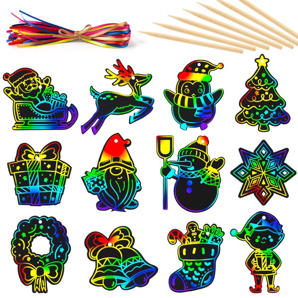 Mocoosy 48pcs Christmas Scratch Art Cards Hanging Decorations, Christmas Crafts Kits for Kids Rainbow Magic Scratch Paper Cards Xmas Hanging Ornaments DIY Toy Kids Holiday Christmas Gifts Party Favors