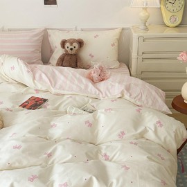 Sedefen Bed Linen 200 x 200 cm Girls Pink with Bows Striped Microfibre Bed Linen Set Pink White Children's Oeko-Tex Bed Linen Set Duvet Cover with Zip and 2 Pillowcases 80 x 80 cm