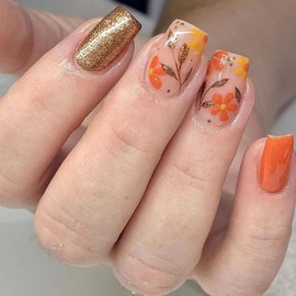 Fall Press on Nails Short Square Fake Nails with Flowers and Leaf Pattern Design Stick on Nails Full Cover Autumn Glue on Nails Gold Glitter Leaf Light Orange False Nails for Women Acrylic Nails 24Pcs