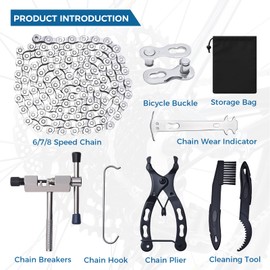 Bicycle Chain, Bicycle Chain Tool, 6/7/8 Speed Bicycle Chains, 1/2 x 3/32 Inch 116 Links, with Chain Breaker, Chain Tester, Bicycle Link Pliers, 6 Pairs Chain Lock and Cleaning Brush
