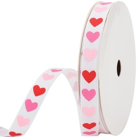 CABODYALS 100 Yards 3/8 Inch White Ribbon Pink Heart Polyester Love Print Ribbon Grosgrain Valentine Ribbons Wired Bulk with Spool for Sewing Making Crafts Wreaths Bouquet Wedding Anniversary Supply