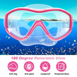 Kids Mask Fins Snorkel Set for Age 5-15,Dry Top Snorkeling Gear for Kids Boys Girls Junior & Youth, Tempered Glass Snorkel Mask with Fins for Swimming Snorkeling (Pink+White, One Size Without Fins)