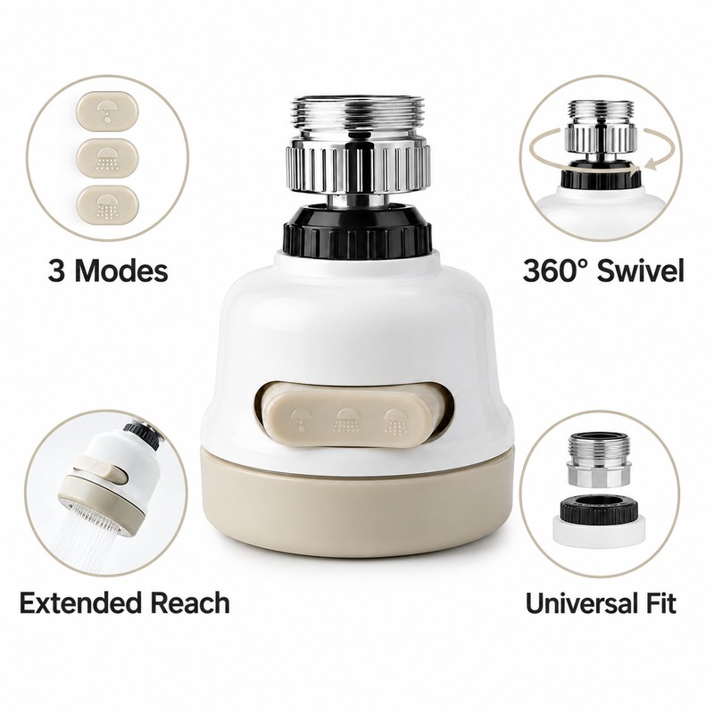 Adjustable Kitchen Sink Faucet Extension Nozzle for 3-Mode Water Flow