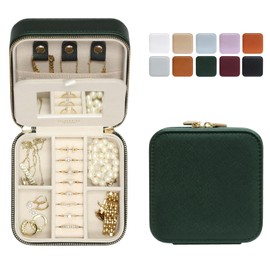 Saffiano Leather Travel Jewelry Box with Mirror | Portable Jewelry Zipper Case | Multi Compartments Jewelry Organizer for Women | Popular Gift Jewelry Box Rings Earrings Nacklaces (Forest Green)