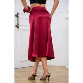 Mist Azur Womens Satin Midi Skirt High Waisted A Line Silky Flared Bodycon Skirt MA213 (Wine, L)