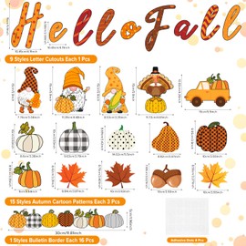 Faccito 70 Pcs Fall Bulletin Board Decorations Set Hello Fall Cutouts with Autumn Gnome Pumpkin Borders Trim Thanksgiving Classroom Decor for Home Office School Supplies