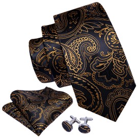 Barry.Wang Black and Gold Ties Paisley Necktie Set Wedding Formal Handkerchief Cufflinks