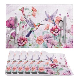 BIGCARJOB Hummingbird Flower Placemat Set of 6 Spring Floral Birds Placemats for Dining Table Set Non-Slip Washable Table Place Mats Table Mats Set for Kitchen Decor