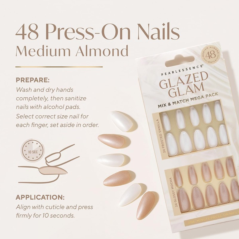 Pearlessence 48pc Glazed Glam Med Oval Press On Nails Mega