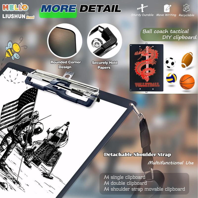 Aluminum Metal Clipboard with Detachable Adjustable Shoulder Strap A4 Double