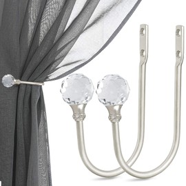 Curtain Holdbacks, Crystal Curtain Holdbacks, Curtain Tieback Hooks Silver Curtain Holder for Drapes Wall Mounted Curtain Pullbacks Window Treatment Holdbacks, Brushed Nickel, 2 Pack