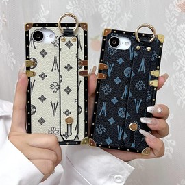 Dropcases Compatible with iiPhone 16e Case Luxury Designer for Women Girls,Rectangle Leather with Wristband Strap Kickstand Holder Protective Cover for iiPhone 16E - 6.1 inch (Black)