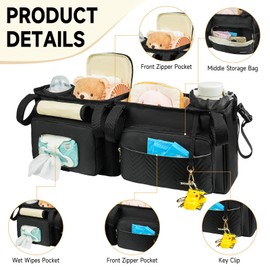 ZIOZERTT Double Stroller Organizer Compatible with Bob Duallie and Baby Jogger City Mini Gt2,Double Stroller Caddy with Cooler Bag and Cup Holder,Black