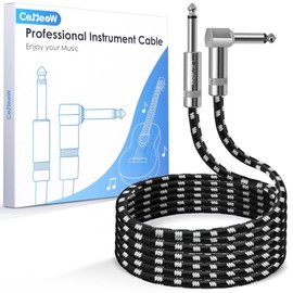 CeMeow Guitar Cable 10ft 1/4 Inch Guitar Cord Straight to Right Angle Instrument Cable with Braided Tweed and Anti-Kinking Design,Black White