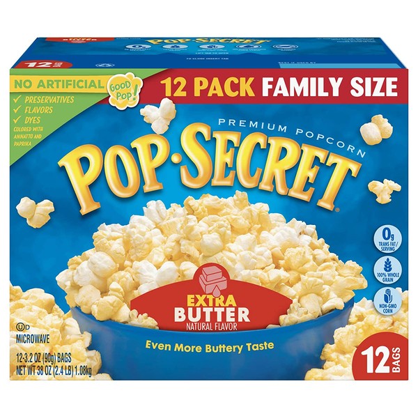 Pop Secret Popcorn, Extra Butter, 3.2 Oz Microwave Bags, 12Count