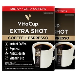 VitaCup Extra Shot Instant Coffee Packets with Espresso Shot, “Red Eye” High Caffeine, Bold Dark Roast w/Vitamin B12, Antioxidants, Premium Instant Coffee in Single Serve Sticks, 48 Ct