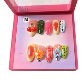 LIFOOST Handmade Press On Nails Almond 3D Hand Painted Flower Fake Nails with Cherry Droplet Designs Reusable Stick On Kit