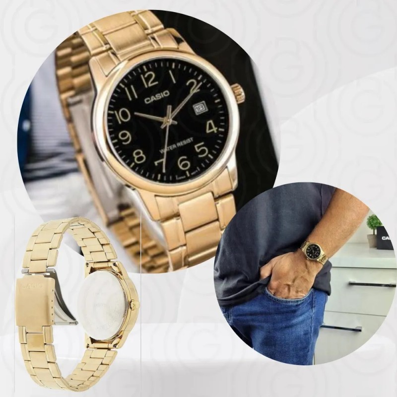 Reloj Casio Mtpv002 G1b Hombre Dorado Negro Fechador Full Correa