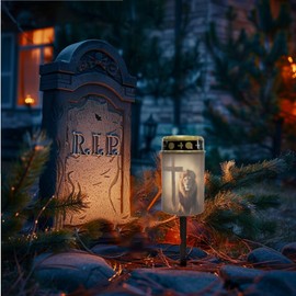 Merkmak 2 Pack Cemetery Solar Lights Decorative Pathway Lights Solar Powered Flameless Candle for Grave Lion Cross Eternal Lamp for Remembrance Gifts