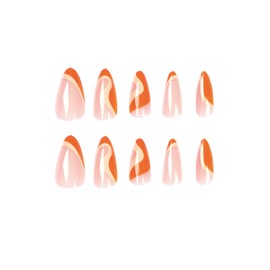 MERVF Almond Press on Nails Medium Long Fake Nails Orange French Tip Stiletto Acrylic Nails with Striped Designs 24pcs Glossy Glue on Nails Swirl False Nails