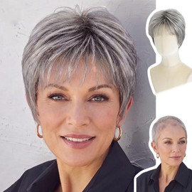 Mixed Grey Pixie Cut Wig for White Women – Short Curly Synthetic Wig with Bangs, Glueless New Cap Design, Natural Protein Fiber, Lightweight Heat-Resistant Daily Wear