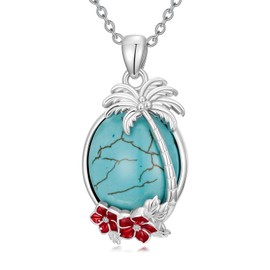 Fandrox Palm Tree Necklace 925 Sterling Silver Genuine Turquoise Necklaces Red Hibiscus Palm Tree Pendant Jewelry for Women