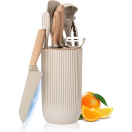 Kitchen Utensils Set, 10 Pieces Silicone Cooking Utensils Set with Knife Block Set, Include 4Pcs Utensils Spatulas & 5Pcs Sharp Stainless Steel Chef Knife, Kitchen Tool Set for Cooking Cutting (Khaki)