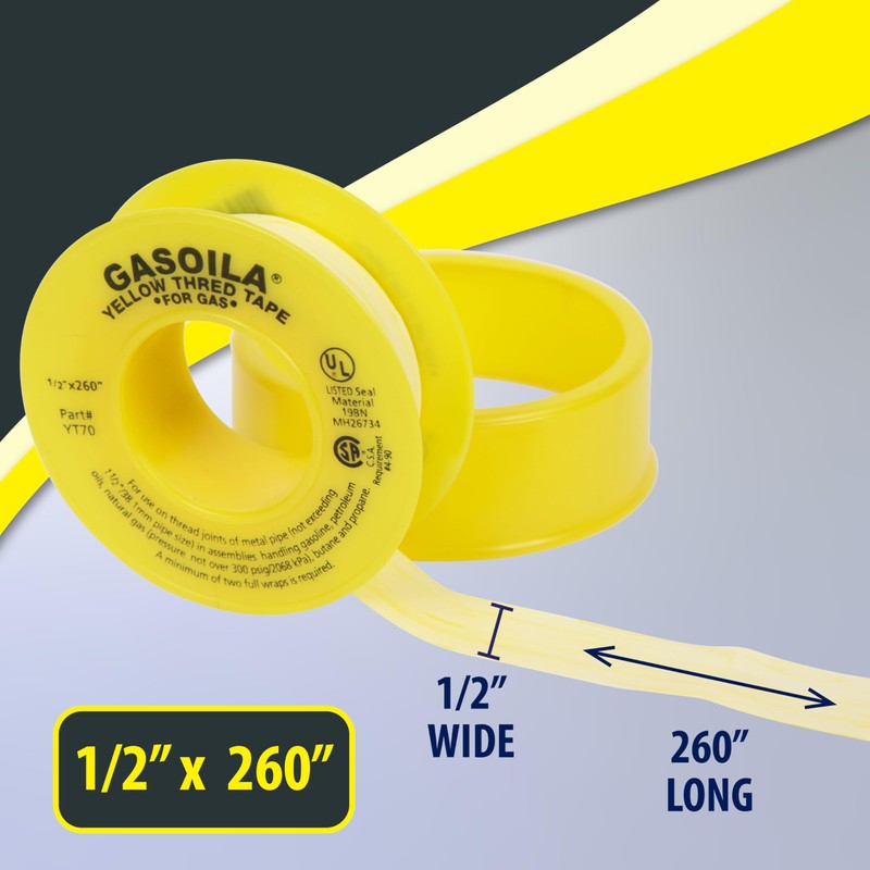 Gasoila Yellow PTFE Thread Seal Tape – Professional-Grade, 1/2 Inch