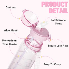 GOPPUS 32 Oz Water Bottle With Straw, Tritan Bpa-free,Wide Mouth Leakproof, Motivational Sports Large Transparent Water Bottles with Time Marker for Gym and Travel,Pink