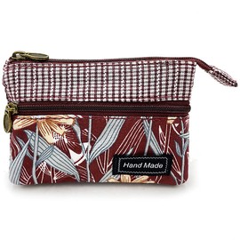 GUXL Women Small Zipper Coin Purse, Handmade Fabric Flower Embroidered Change Pouch, Cotton Double Zipper Wallet