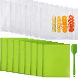Thenshop 8 Pcs Silicone Dehydrator Sheets with Edge and 10 Pcs Mesh Dehydrator Mats with Silicone Scraper Tray Fruit Leather Trays for Non Stick Accessories for Liquid Meat Fruit (Green)