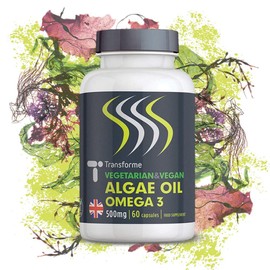 Transforme Vegan Omega 3 Algae Oil with Vitamin E, 60 Rapid Absorption Capsules, Marine Algal Oil DHA, Easy to Swallow Softgels, Vegetarian Fish Free Essential Fatty Acids