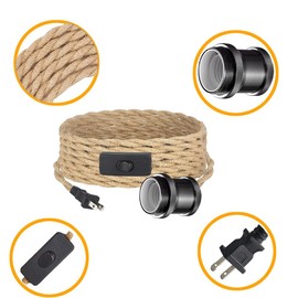 with Twisted Hemp Rope Pendant Lights Socket Set E26 E27 Vintage Black Industrial 5.9ft Pendant Light Cord - Hanging Light Kit with Switch Plug in Vintage Fabric Lamp Cord (1)