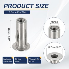 PATIKIL 6 Pcs Multi-Grip Rivet Nuts, M5 Pre-Bulbed Shank Flat Head Threaded Insert Nuts Carbon Steel Plus Nuts for Fastener