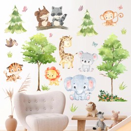 Safari Wall Stickers Baby Wall Decals for Nursery Jungle Animal Tree Wall Sticker Removable Elephant Monkey Wall Art Mural Cartoon Animal Wall Decal for Kids Girls Boys Room Living Room Playroom Decor