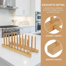 Jninexiu Bamboo Wooden Dish Racks for Kitchen Counter, Plate Organizer for Cabinet Stand Drainer Storage Holder Organizer for Dish, Pots, Lids, Bowls, Cups, and Cutting Boards and Books