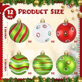 12 Pcs 3.1 Inch Christmas Tree Ornaments, Red and Green White Christmas Ball Ornaments Shatterproof Christmas Tree Hanging Decorations Holiday Home Party Decor