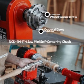 BMWOOD NCK-4M/S1 4" 4 Jaw Mini Self-Centering Chuck, Thread 1"x8TPI, with Dovetail Jaws, Step Jaws, Pin Jaws, Wide Jaws, T Handle Allen Key, 2pcs Level Wrench, Wood screw and Two Nylon Washers.