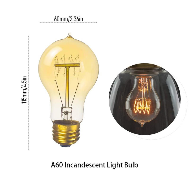 Visther A60 Edison Bulbs 60 Watt Incandescent Light Bulbs Dimmable,