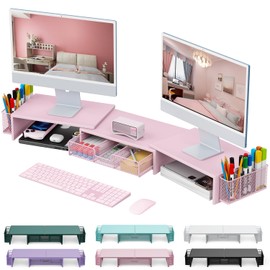 gianotter Dual Monitor Stand Riser, Desk Organizer With Drawer and 2 Pen Holders, Desk Accessories & Workspace Organizers, Monitor Stand for Desk, Office Decor Essentials (Pink)