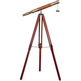 Single Barrel Antique Brass with Brown Leather On Center Marine Floor Standing Tripos Brass Telescope Maritime Travel & Collectible Gift Item Decorative
