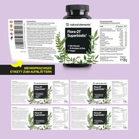 natural elements Flora 21 Superbiotic - 60 Capsules - 4.5 Billion CFU Spore Forming Bacteria Strains & Postbiotics - With Vitamin B Complex and Zinc - Vegan, No Unnecessary Additives, Laboratory