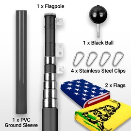 G128 Combo Pack: 20 Ft Telescoping Aluminum Flagpole (Black) & American and Gadsden Flags 3x5 Ft, Both StormFlyer Series Embroidered 220GSM Spun Polyester | Pole with Flags Included