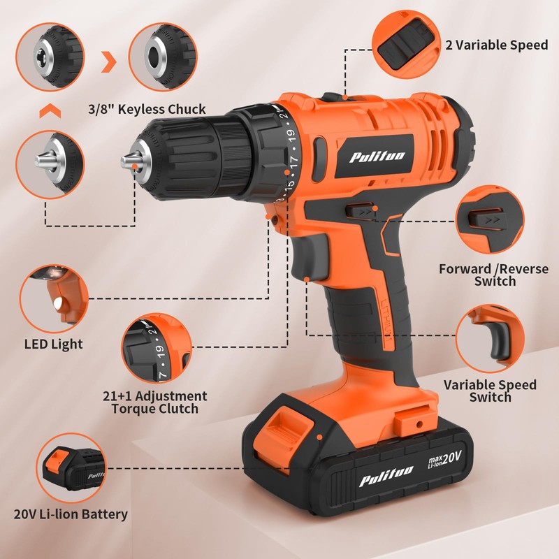 PULITUO 20V Cordless Drill/Driver, 2 Batteries Electric Screwdriver, 30Nm Power