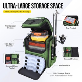 PLUSINNO Fishing Backpack with Rod Holders, 42L Large Water-resistant Tackle Bag for Fishing, Camping, Hiking, Gifts - Green