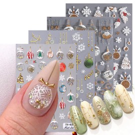 4 Sheets Christmas Nail Art Stickers 5D Embossed Glitter Winter Nail Stickers Green Gold Nail Art Supplies Xmas Tree Nail Accessories Bells Bow Flower Snowflake Ball Cute Nail Design Sticker for Women