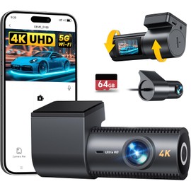 4K Dash Cam Front and Rear, 64GB SD Card, 1.5” IPS Display Car Camera, 5Ghz WiFi+App Control, Night Vision, 24H Parking Mode, G-Sensor, WDR, 170° Wide Angle, 4K+1080P Dual Dash Camera for Cars